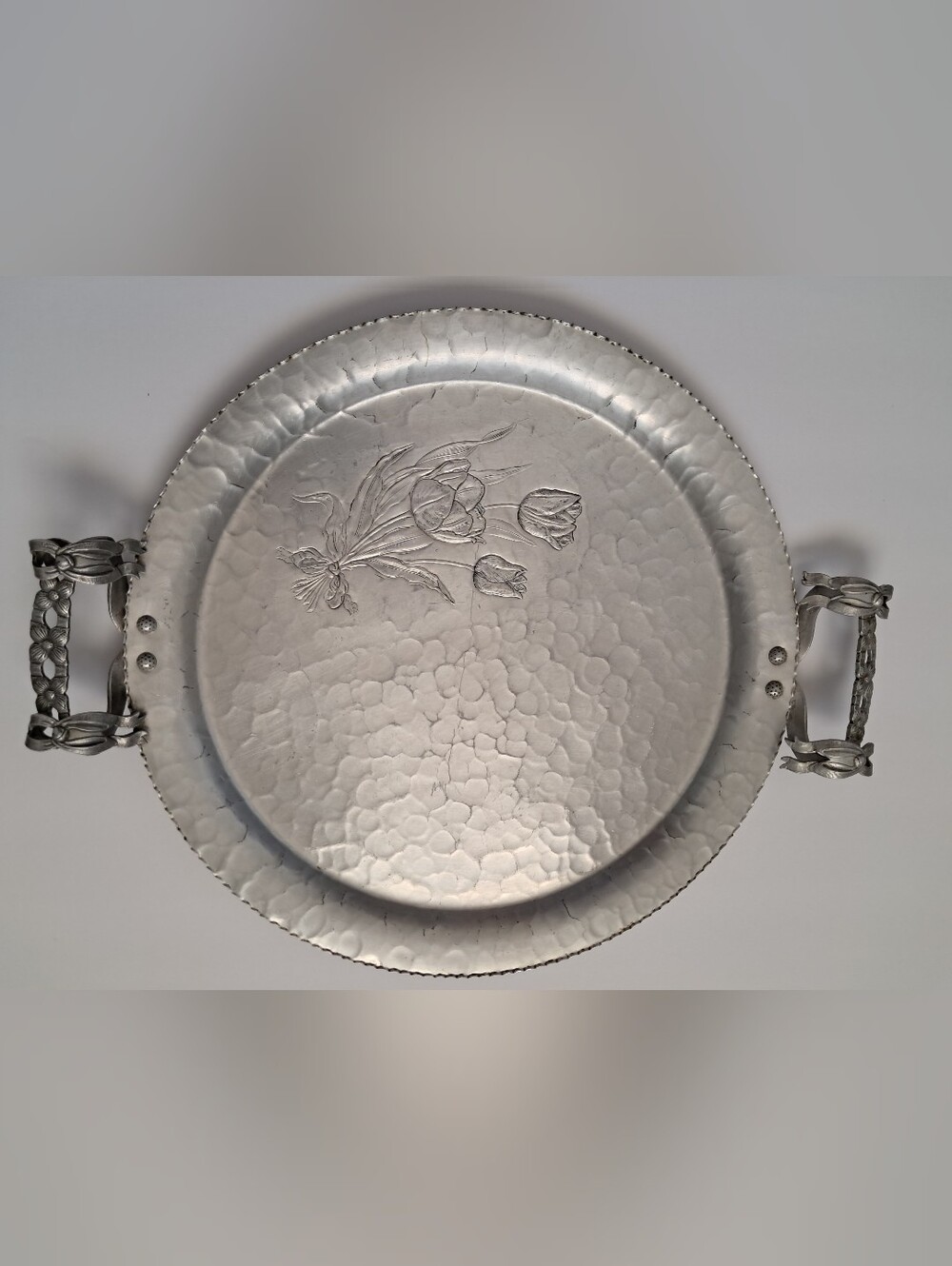 Hand Wrought Aluminum by Rodney Kent No.#402 14" Circular Serving Tray w/Tulips